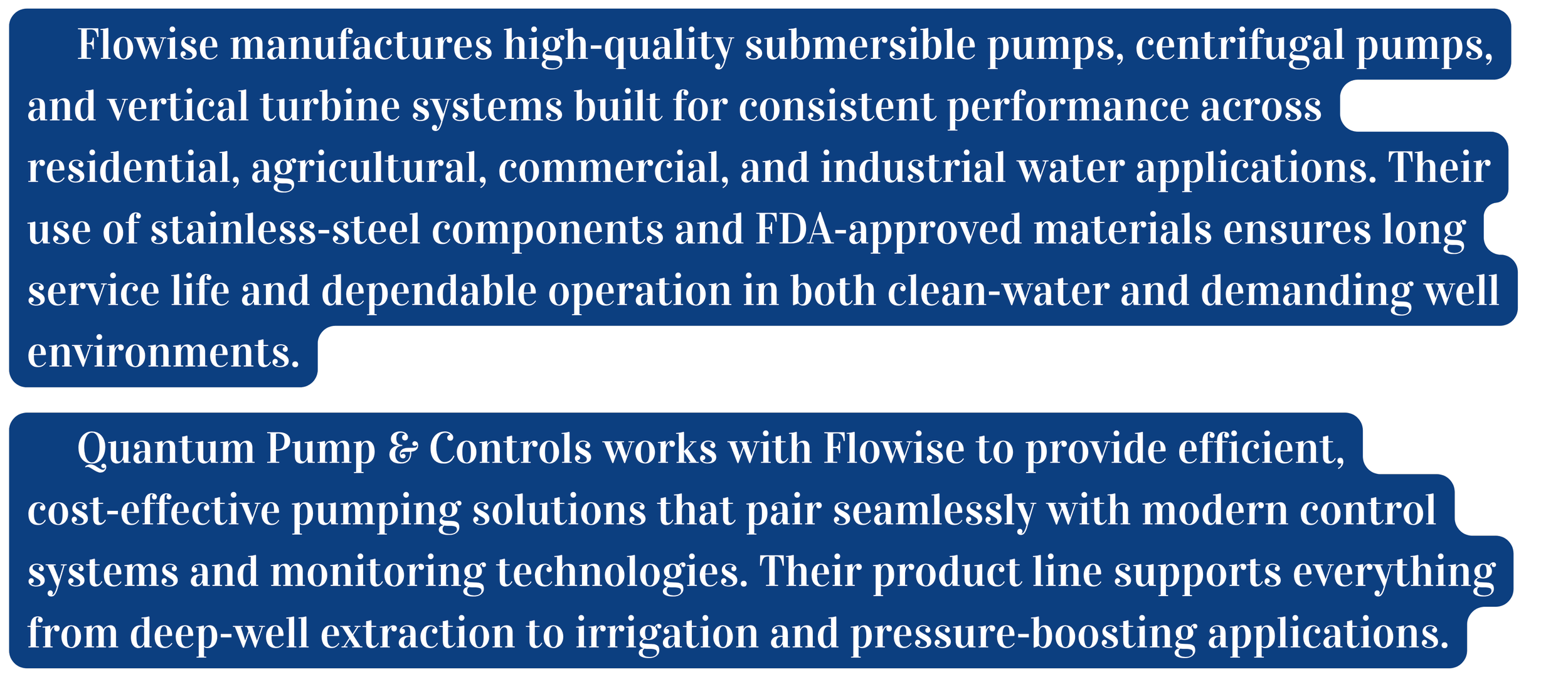 Blue text boxes with white text describing high-quality submersible pumps, centrifugal pumps, and vertical turbine systems for water applications, emphasizing materials, efficiency, reliability, and control technology.