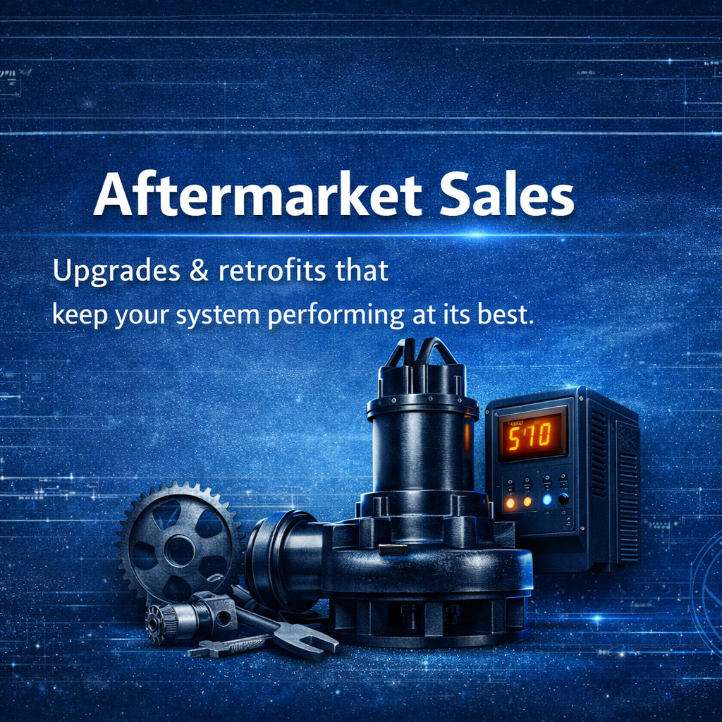 Advertisement for aftermarket sales of upgrades and retrofits with images of machine parts and a digital control panel.