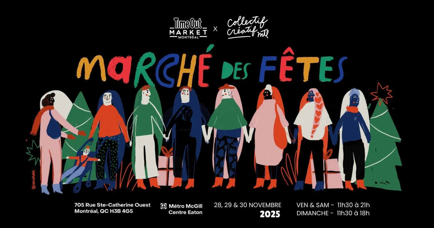 Affiche colorée pour la "Marche des Fêtes" à Montréal, montrant des personnages divers, certains tenant des mains et un, un vélo, avec texte indiquant les détails de l'événement, dates, heures, lieux et partenaires.