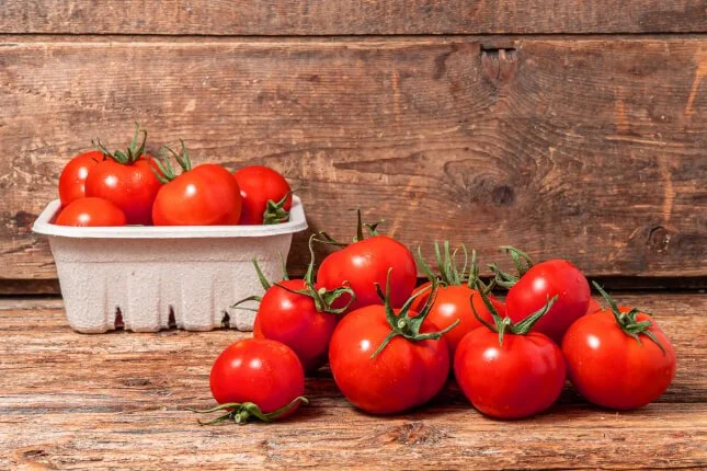 Une collection de tomates rouges sur une surface en bois, avec quelques tomates dans un petit plateau à l'arrière.