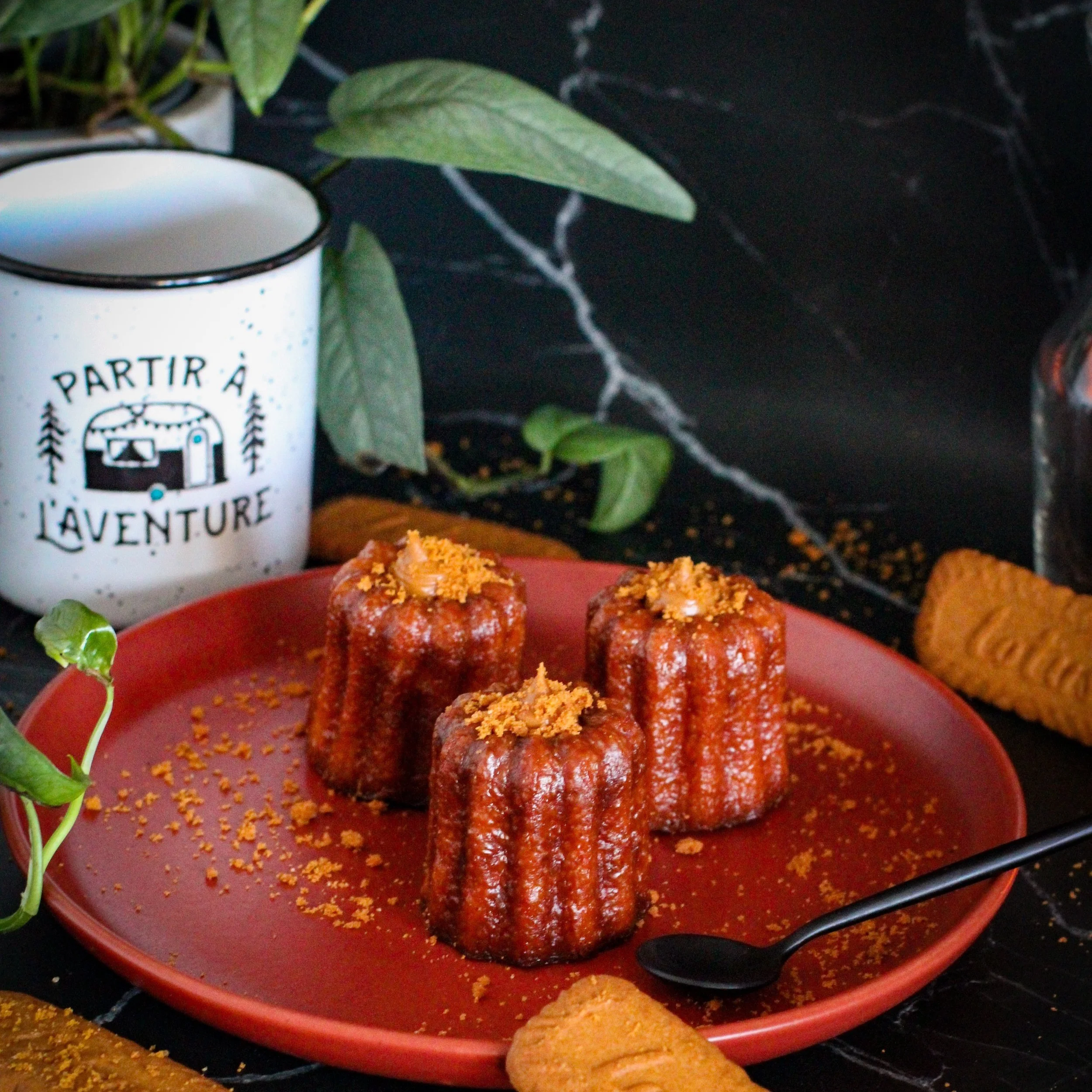 Gâteau en forme de boule de viande sur un plat rouge, avec un fond noir et une plante verte à côté, dans un décor sombre.