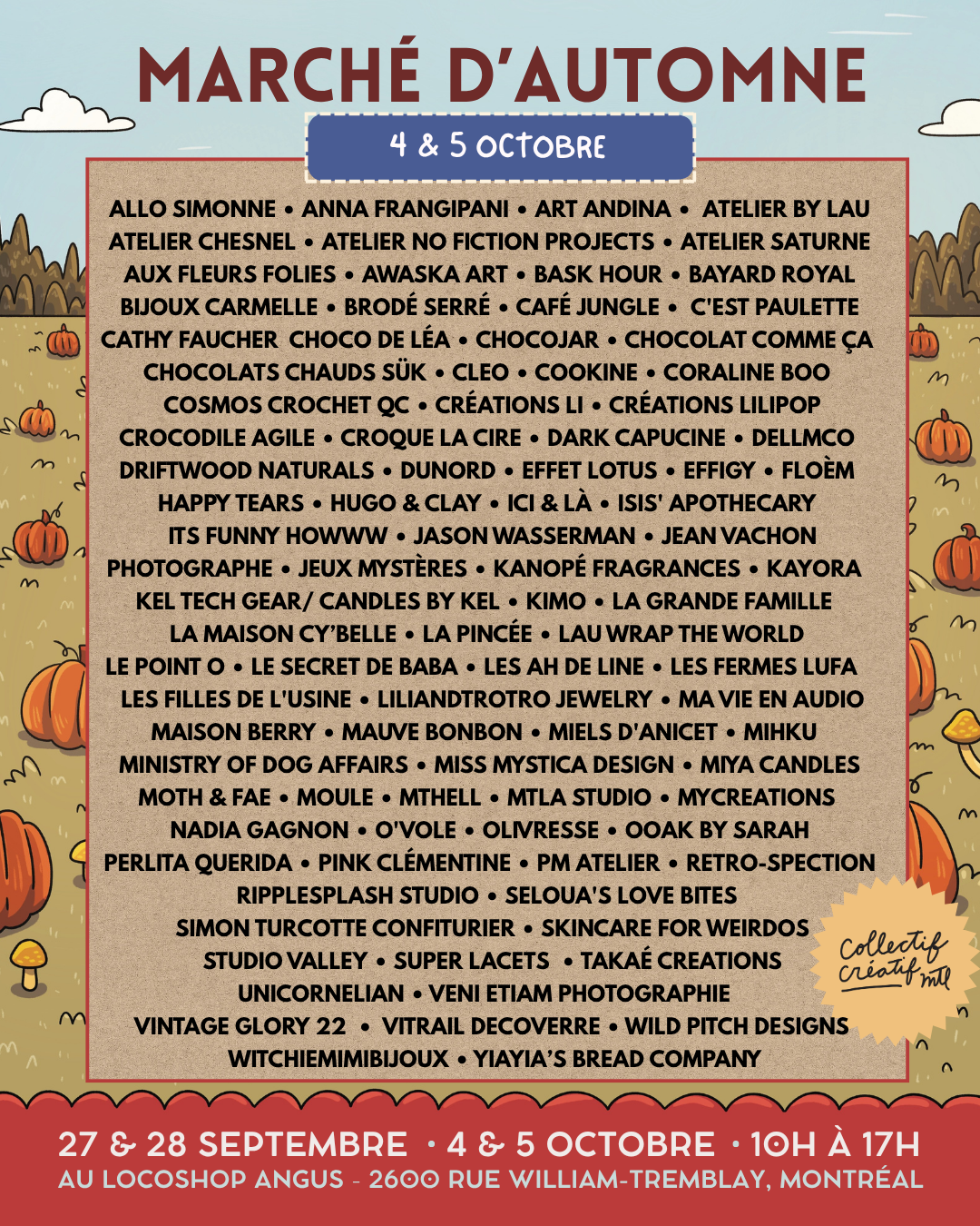 Affiche du Marché d'Automne avec liste de vendeurs et dates, organisé au Locoshop Angus, Montréal, les 4 et 5 octobre, de 10h à 17h.