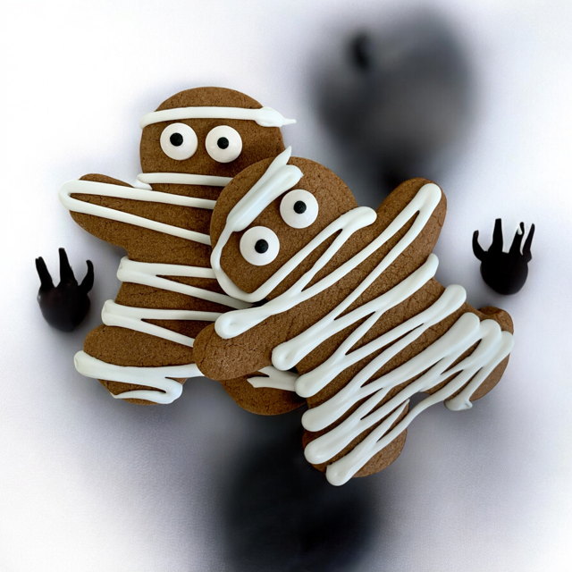 Gâteau en forme de planchette de zombie, décoré avec du glaçage blanc en rayures et des yeux en bonbons, avec deux petites mains noires en plastique et un objet flou en arrière-plan.