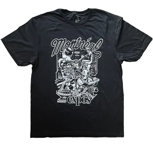 T-shirt noir avec une illustration en blanc représentant des personnages caricaturaux jouant de la musique, avec le texte 'Montréal expoz' sur le devant.