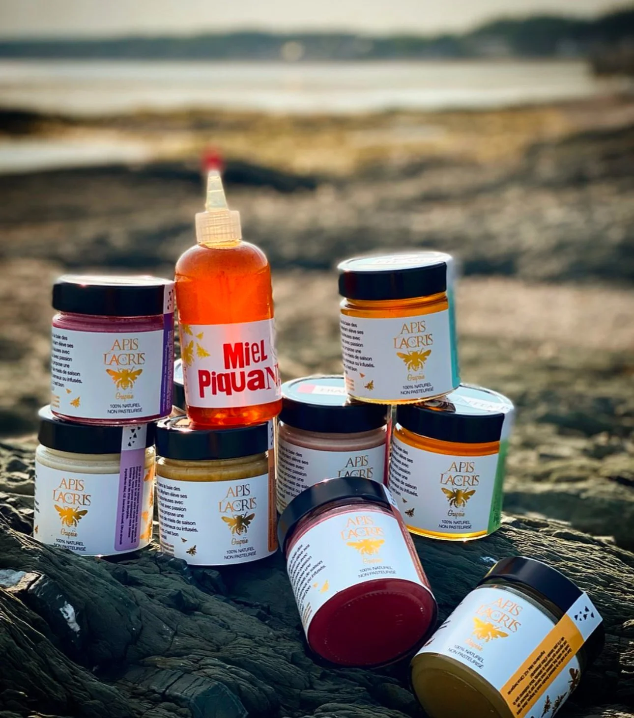 Pot de miel, bouteille de miel, et plusieurs petits pots de crème ou miel sur une surface rocheuse près de la plage au coucher du soleil.