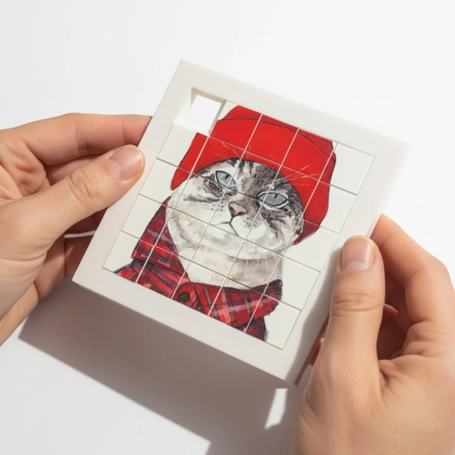 Une personne tenant un puzzle en forme de chat portant un chapeau rouge contre un fond blanc.