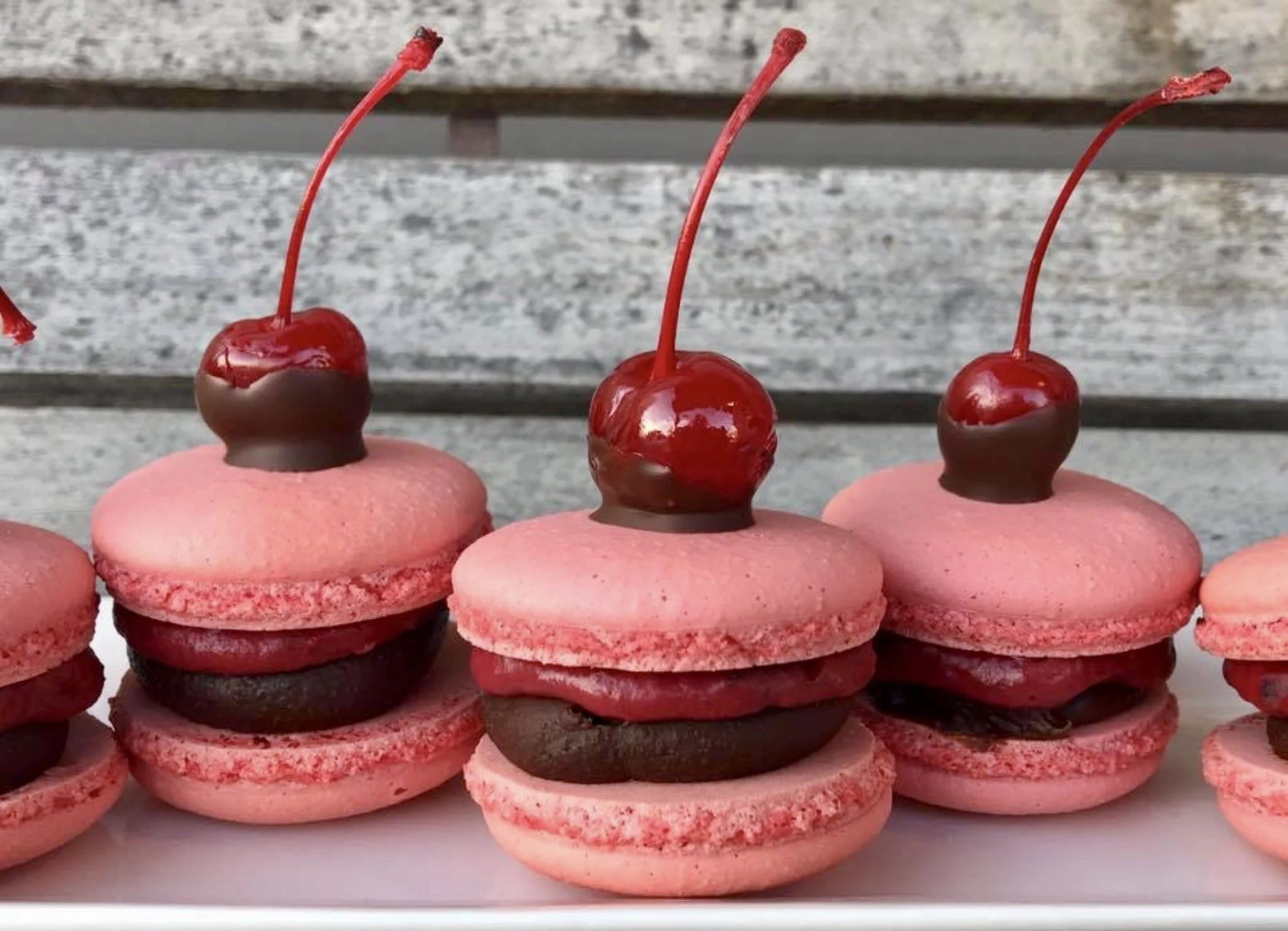 Une rangée de mini desserts roses avec une couche de chocolat noir, garnis de cerises au sirop.