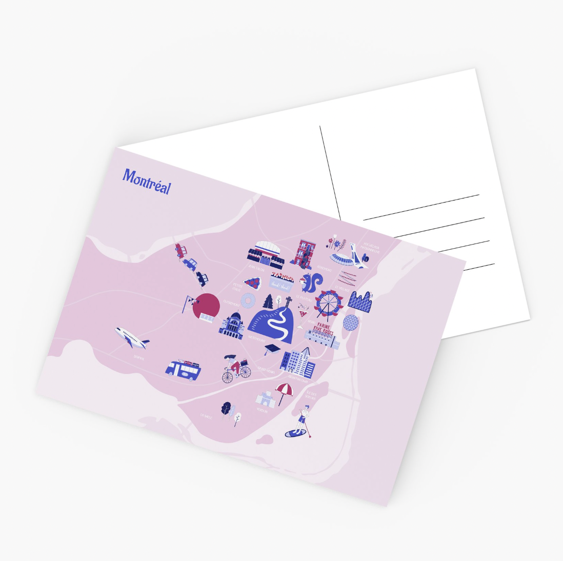 Carte illustrée de Montréal avec des icônes représentant des attractions et activités.