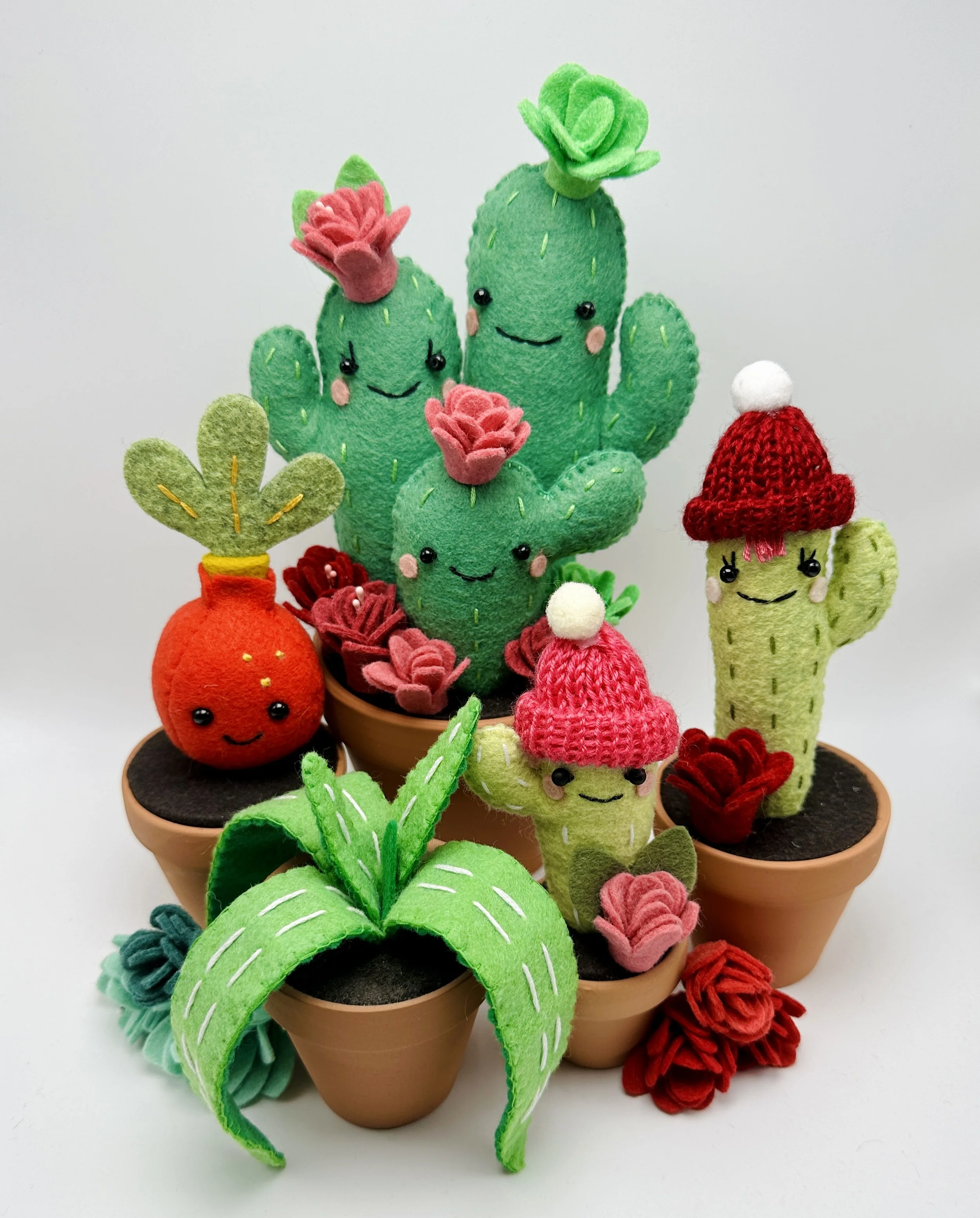 Décorations en feutre représentant des cactus et des plantes en pot, avec des visages et accessoires mignons