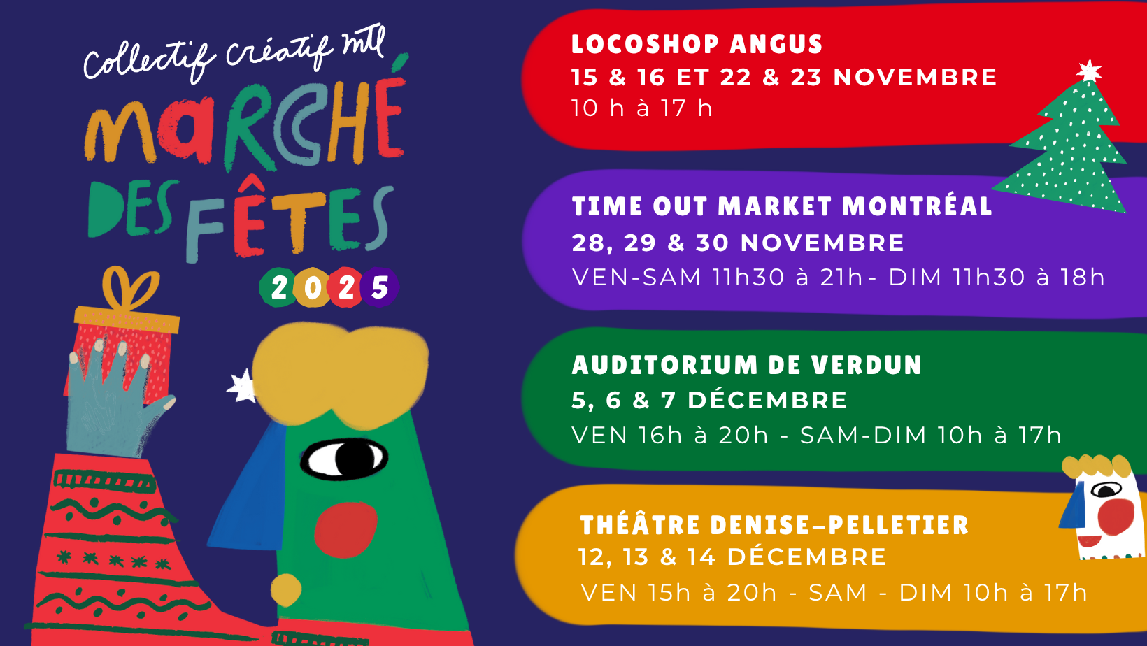 Affiche promotionnelle pour le Marché des Fêtes 2025 avec dates et horaires de différents événements et lieux, décorée avec un arbre de Noël, une boîte cadeau, et deux personnages en style cartoon coloré.