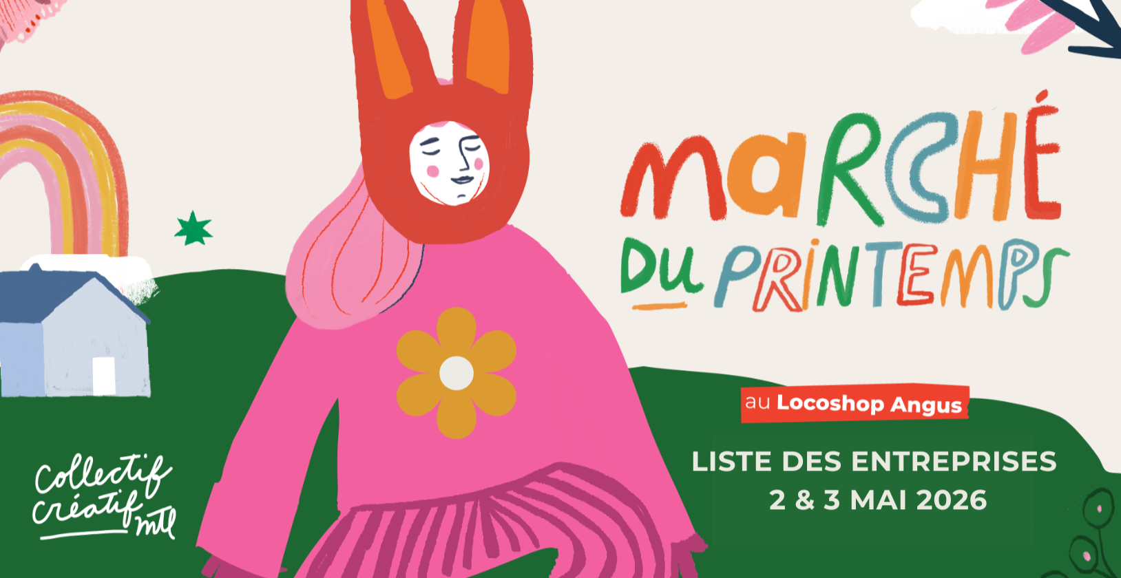 Une affiche colorée pour un marché du printemps organisé au Locoshop Angus, avec un personnage illustré portant un costume avec des oreilles de lapin, un arc-en-ciel, une maison, et des textes annonçant la date 2 et 3 mai 2026, et la mention collectif créatif.