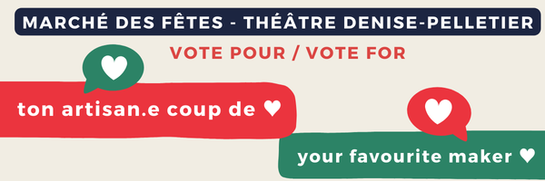 Image de campagne électorale pour le marché des fêtes, avec des messages en français et en anglais encourageant à voter pour un artisan ou un fabricant préféré.