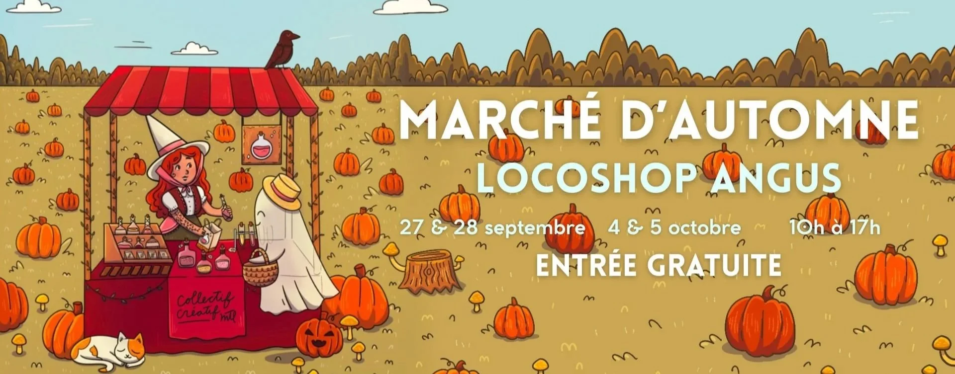 Une illustration de marché d'automne avec des citrouilles et une tente. Une femme en costume de sorcière vend des produits artisanaux à côté d'un chat blanc et orange, dans un décor coloré avec un paysage automnal.