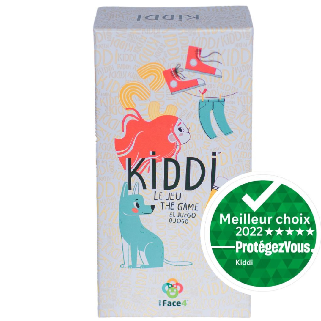 Emballage de jeu Kiddi avec dessin d'une fille aux cheveux rouges, un chien bleu, et des vêtements pour enfants. Il y a un label vert certifiant la meilleure sélection 2022.
