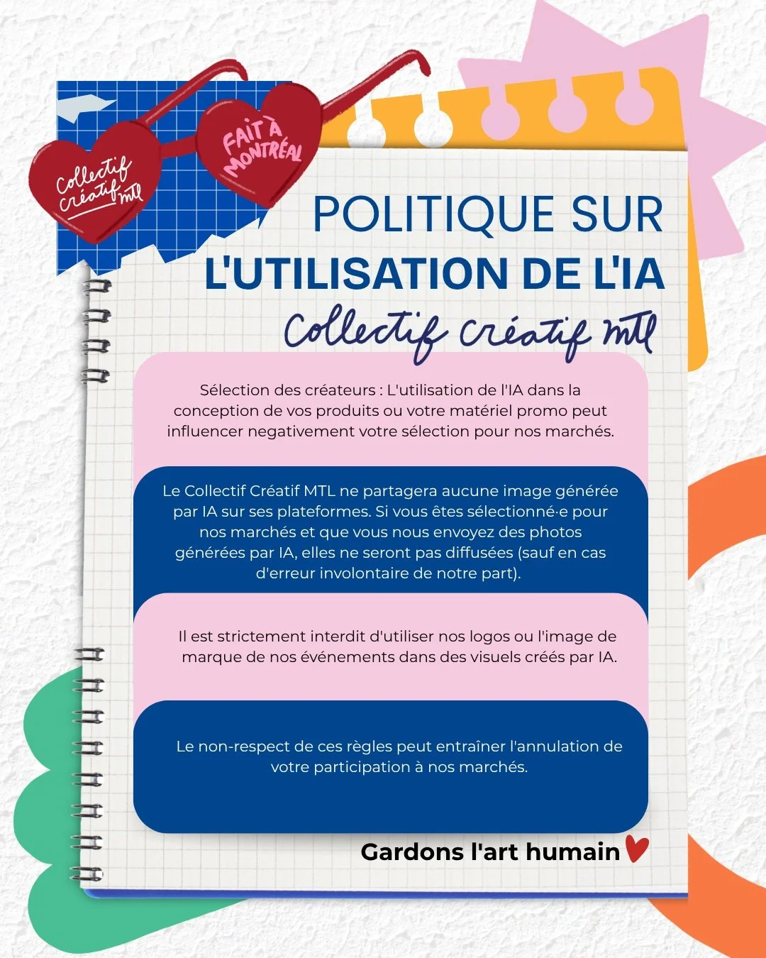 Si ton affiche est faite par l'IA, je viens pas. Si tu nous envoies des photos g&eacute;n&eacute;r&eacute;es par IA pour promouvoir tes produits FAITS MAIN, c'est qu'on ne partage tout simplement pas les m&ecirc;mes valeurs.

Si tu veux rencontrer de