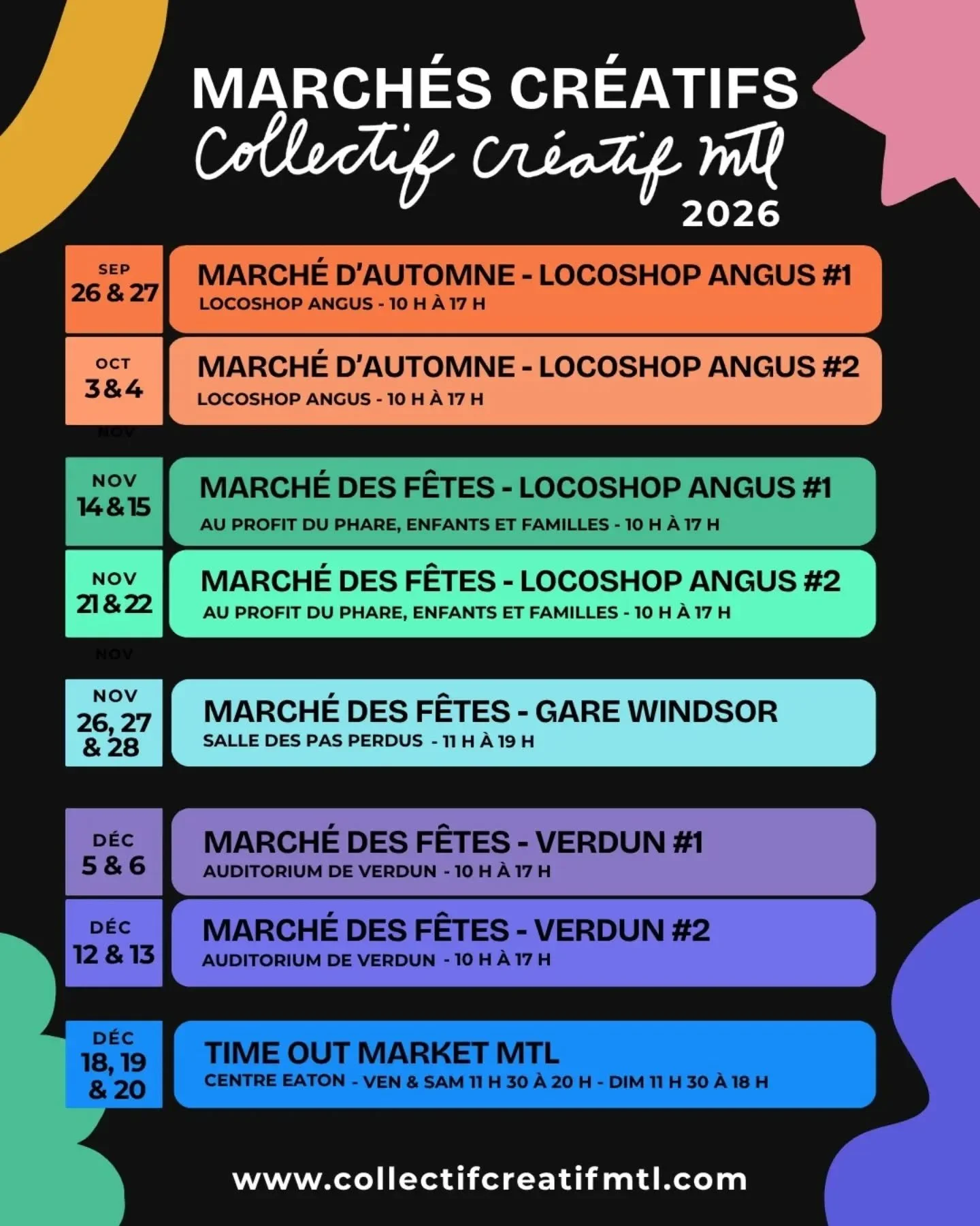 SAVE THIS POST &amp; TAG YOUR MARKET BUDDY! 

CALENDRIER DES MARCH&Eacute;S CR&Eacute;ATIFS du @collectifcreatifmtl 2026 

Enregistrez cette publication pour ne manquer aucun de nos march&eacute;s et venir encourager nos formidables artisans, cr&eacu
