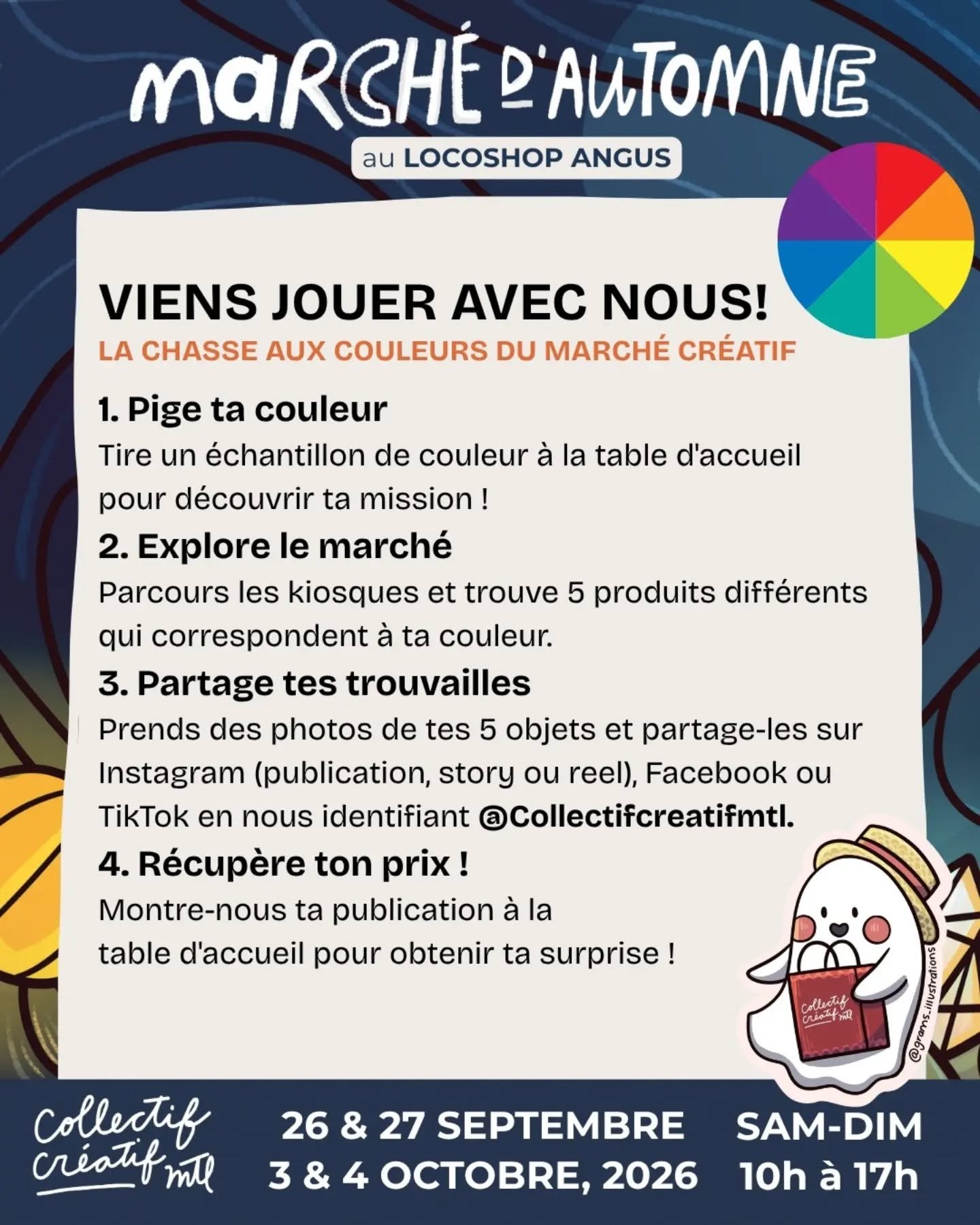 On vous a pr&eacute;par&eacute; un petit jeu vraiment le fun pour notre prochain march&eacute; et on a trop h&acirc;te de jouer avec vous autres !

Venez piger votre couleur &agrave; l'accueil, partez &agrave; la recherche de cr&eacute;ations d'artis