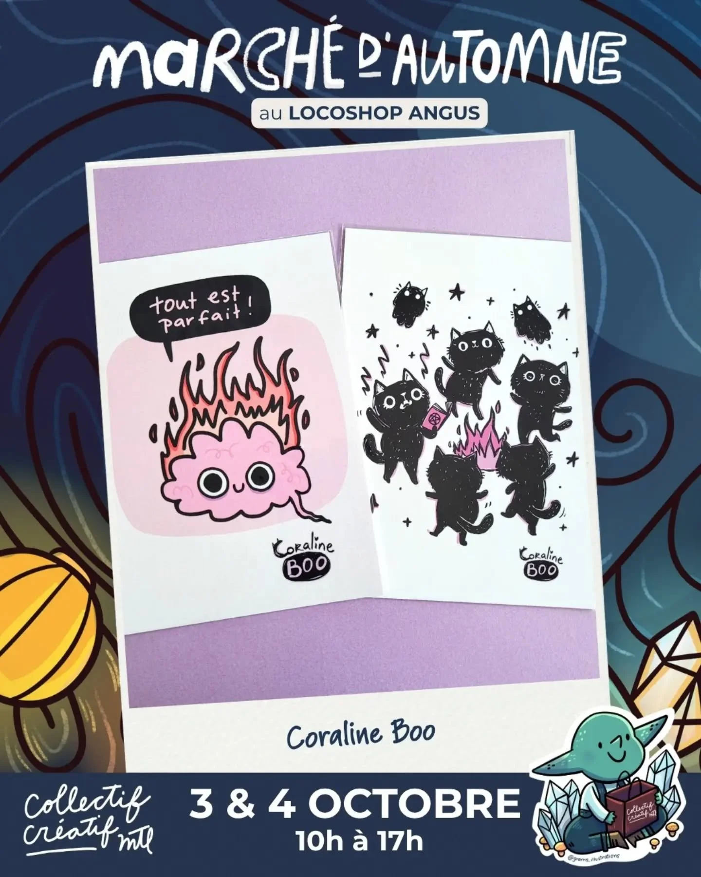 Cette fin de semaine venez d&eacute;couvrir l'univers doux, color&eacute; et d&eacute;licieusement macabre de @coralineboo.art ! 

Illustratrice au style spooky cute, elle adore les chats, les fant&ocirc;mes, les lapins zombies et le mauve. Pour elle