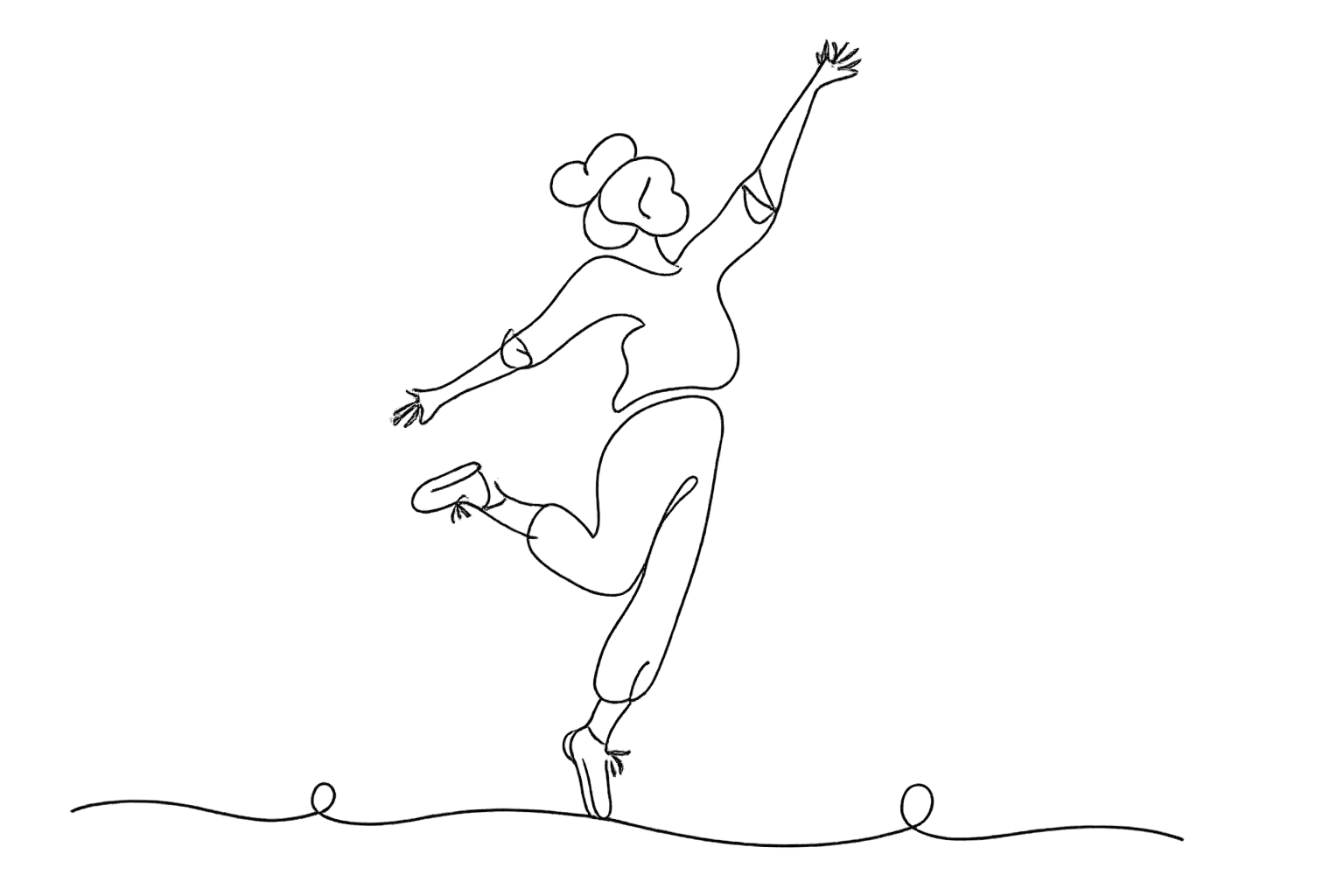 Line drawing of a girl in a school uniform jumping in the air with her arms outstretched, one leg bent, and a joyful expression, against a black background.