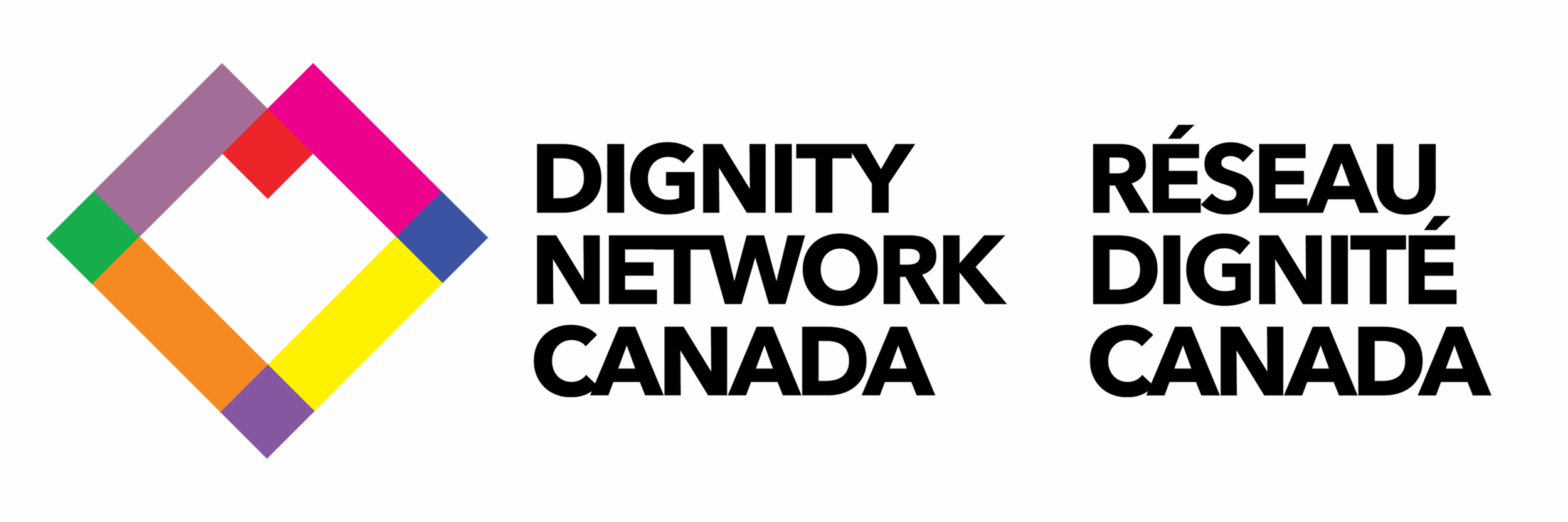 Logo of the Dignity Network Canada featuring a colorful diamond shape and text in French and English.