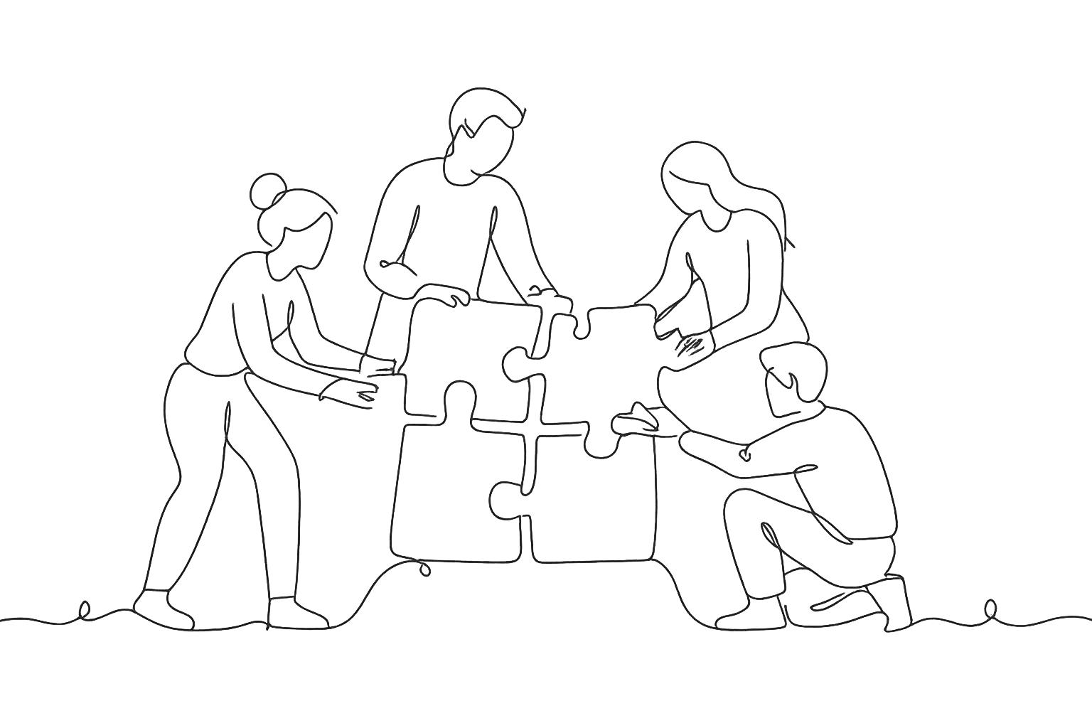 Line drawing of five people working together to assemble a large puzzle.