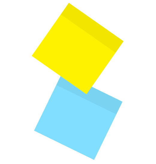Two colored sticky notes, one yellow and one blue, overlapping on a black background.