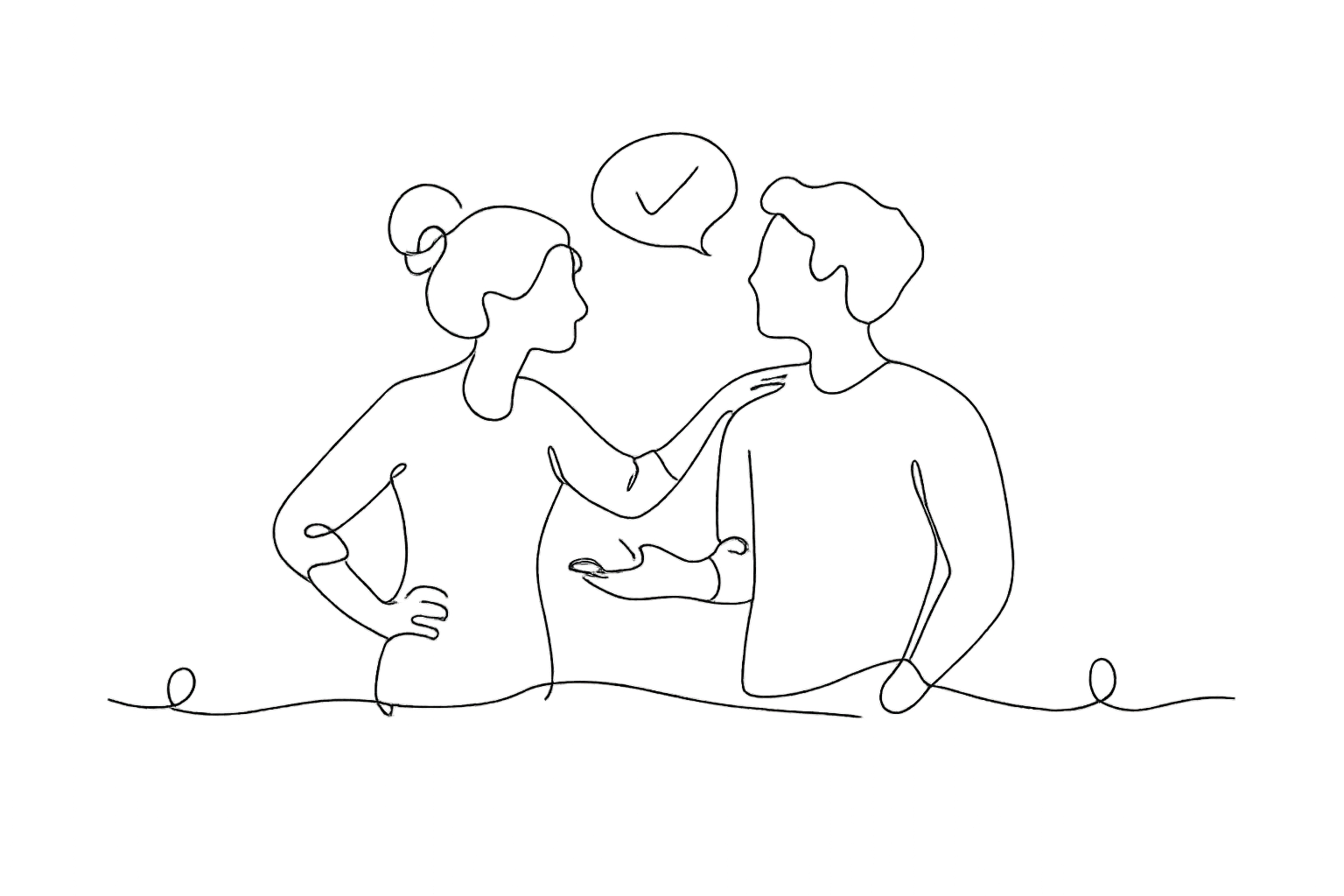 A line drawing of a woman and man engaged in conversation, with the woman touching the man's shoulder and both looking at each other. The woman has her hair tied back and the man has short hair. They appear to be standing behind a table.