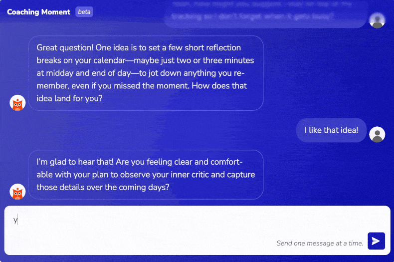 Screenshot of an AI coaching chat with a blue background