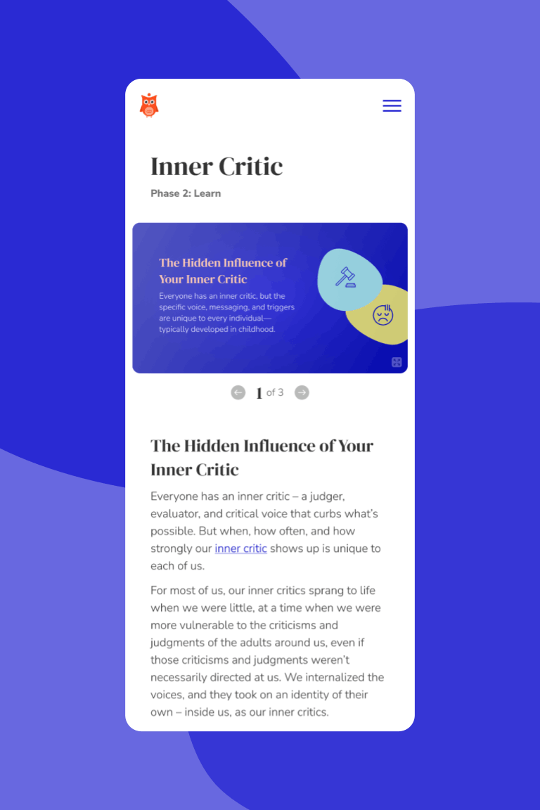 A mobile webpage titled 'Inner Critic' discussing the influence of inner critics, with icons representing judgment and expression, set against a blue and purple background.