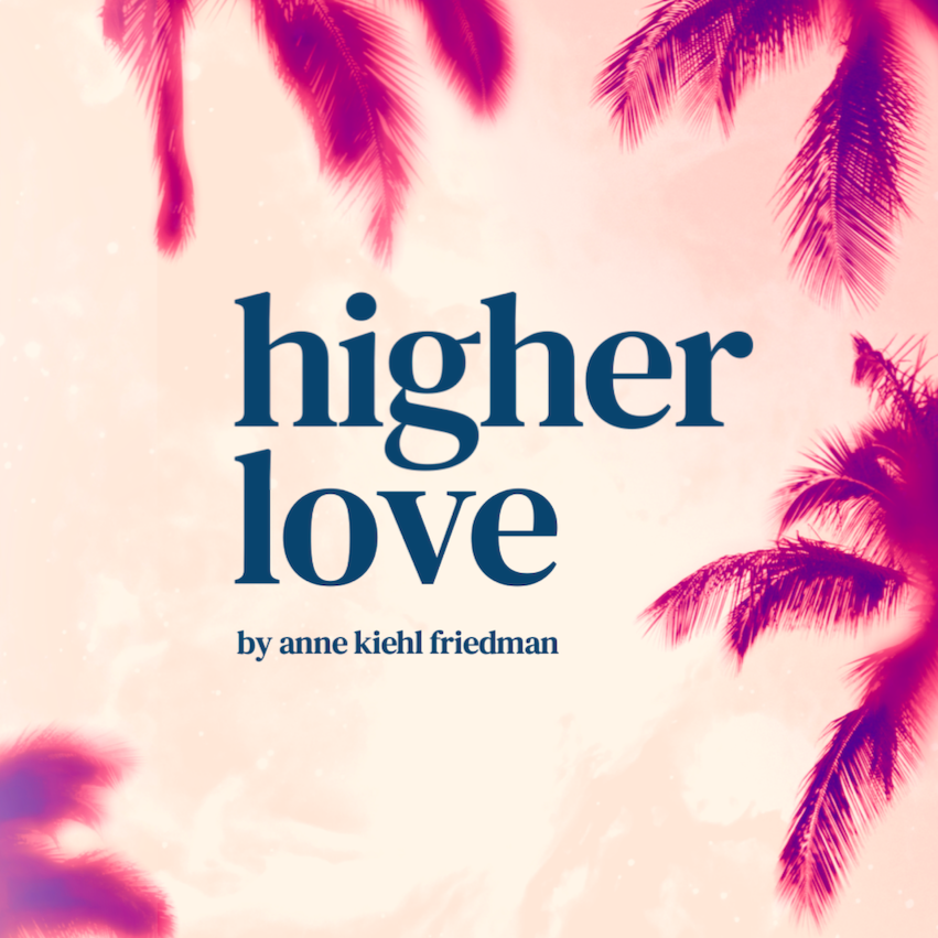 Book cover titled 'higher love' by Anne Kiehl Friedman, featuring pink and purple palm trees against a soft pink background.