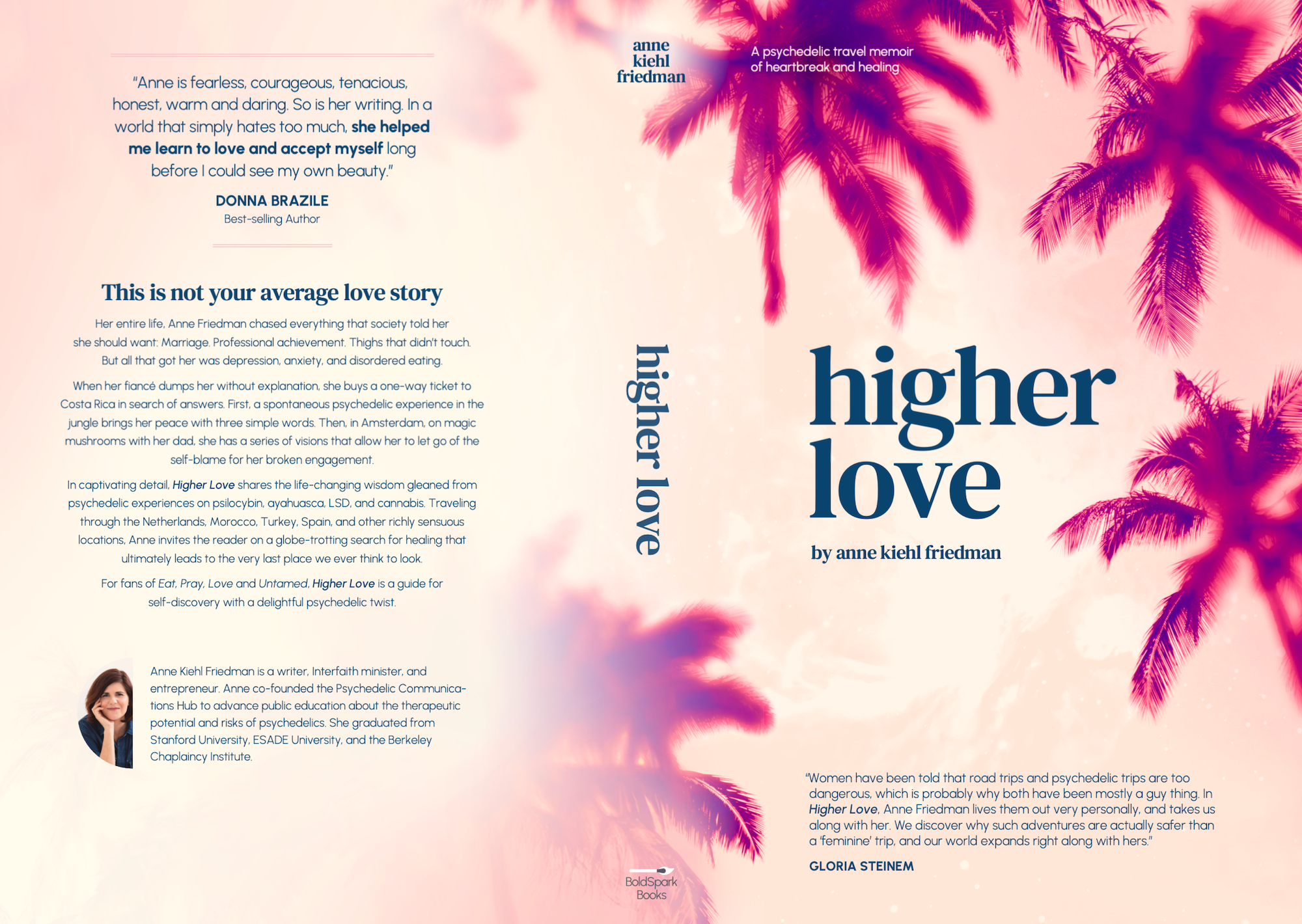 The front cover of a book titled 'Higher Love' with a background of pink and purple gradient palm trees. The cover features a quote by Donna Brazile and a description of the book by Anne Kiehl Friedman.