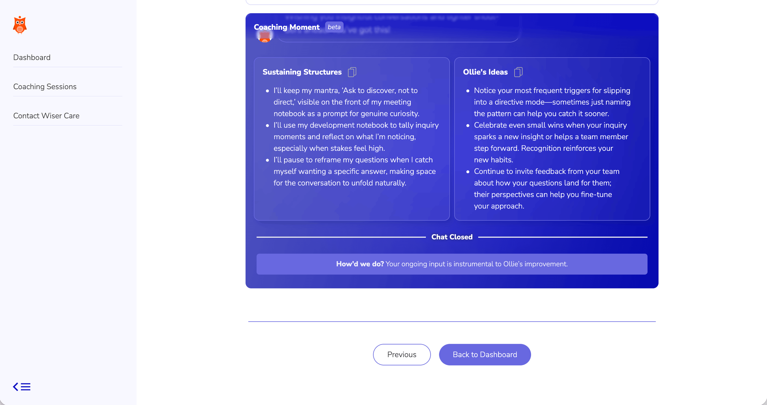 Screenshot of an AI chat conversation with two boxes summarizing key content from the chat: 'Sustaining Structures' and 'Ollie's Ideas'.