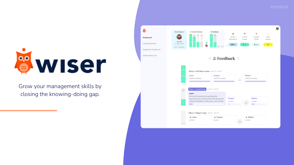 Screenshot of the Wiser Managers platform, alongside the Wiser logo and a tagline about growing management skills.