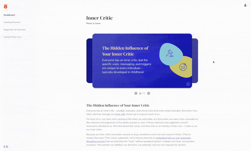 A digital article page with a rotating slideshow graphic at the top, exploring the topic of Inner Critic