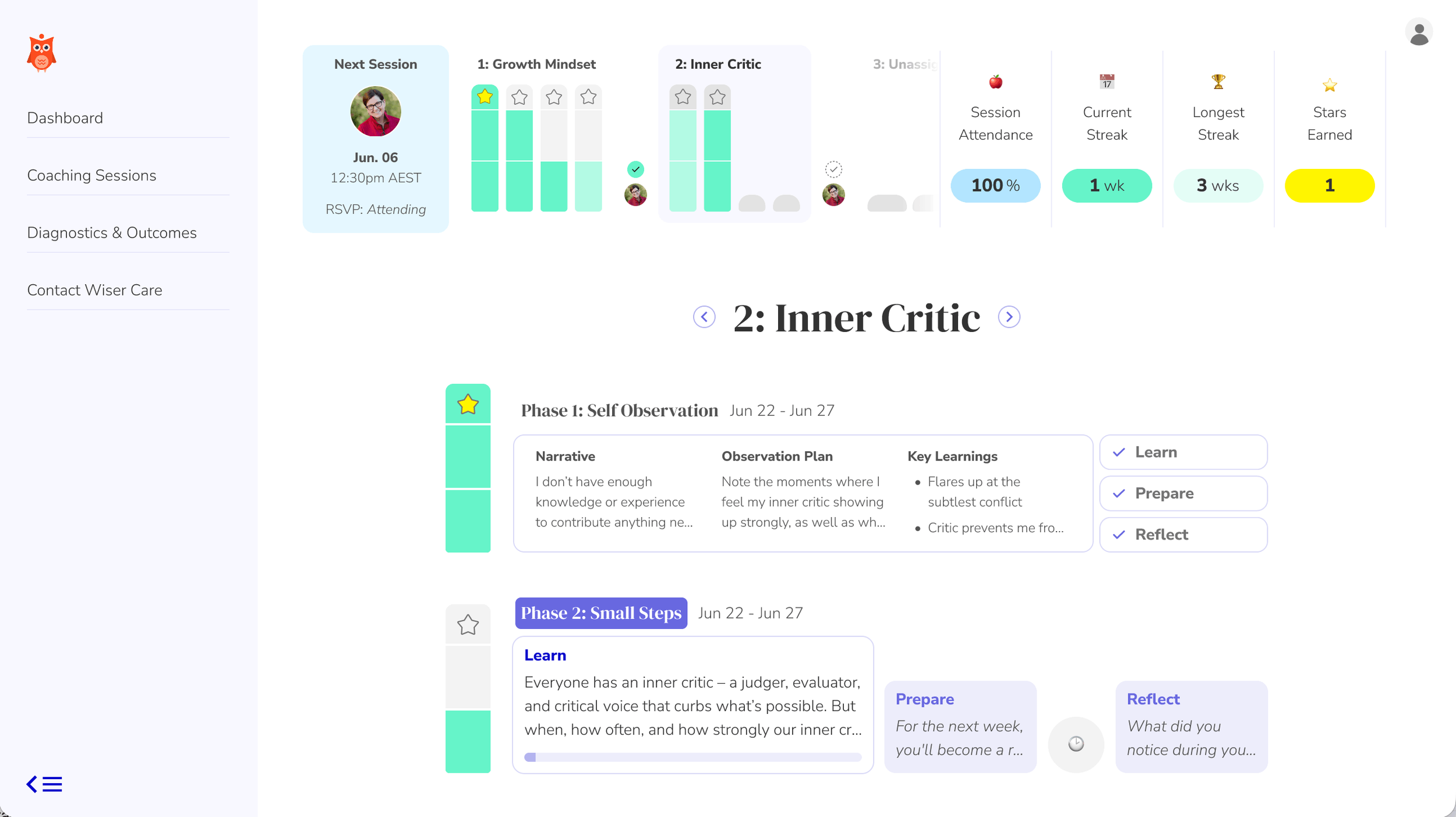 Digital dashboard showing coaching session progress, including session details, progress bars for growth mindset and inner critic, attendance, streaks, and earned stars, with navigation menu on the left.