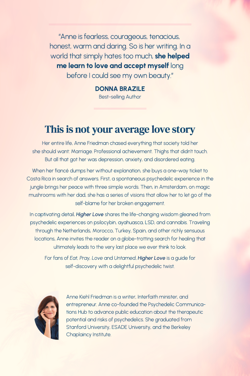 A page with a quote about Anne Friedman, a book description titled 'This is not your average love story,' and a photo of Anne Friedman at the bottom left corner. The background has soft pink and purple tones.