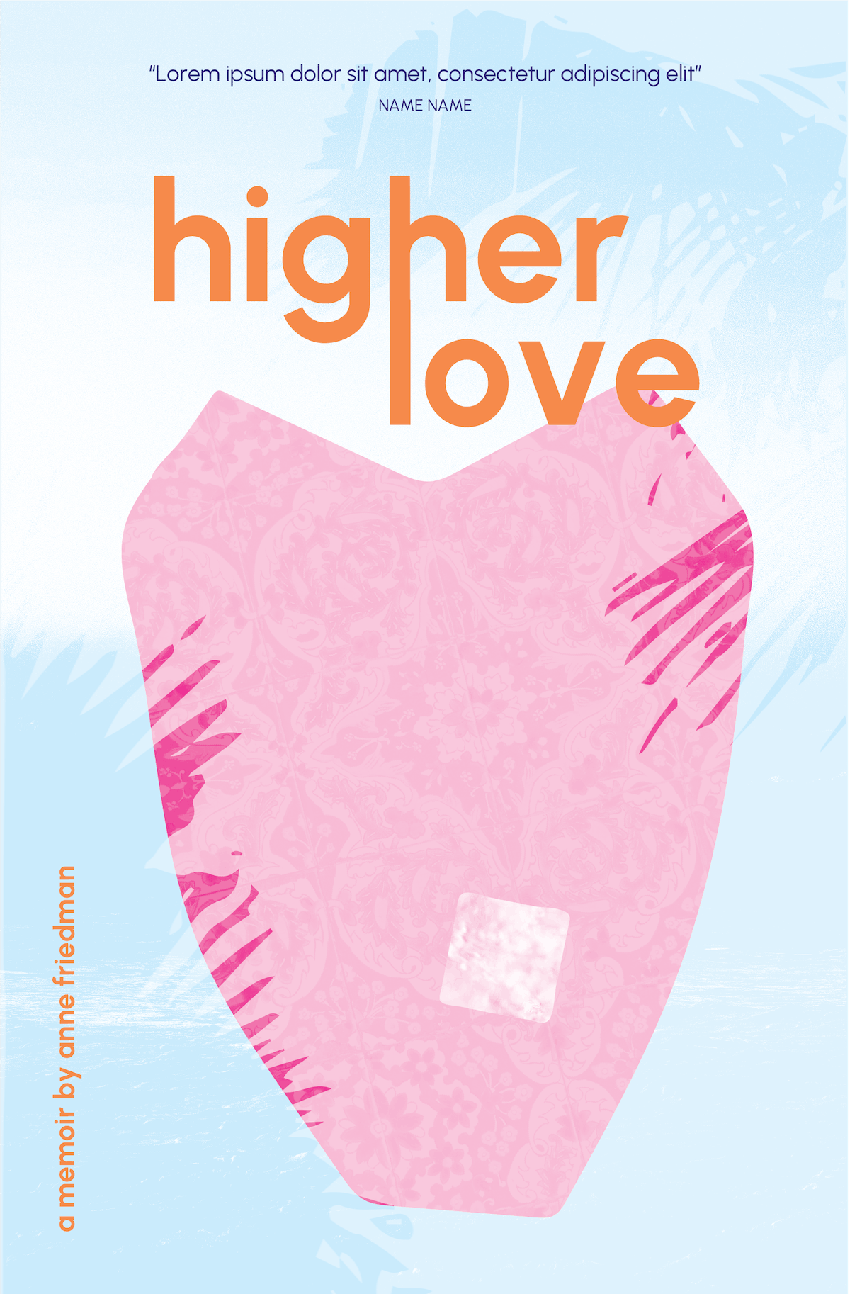 Book cover titled 'higher love' with a pink geometric tongue shape with an acid tab on it and blue ocean background