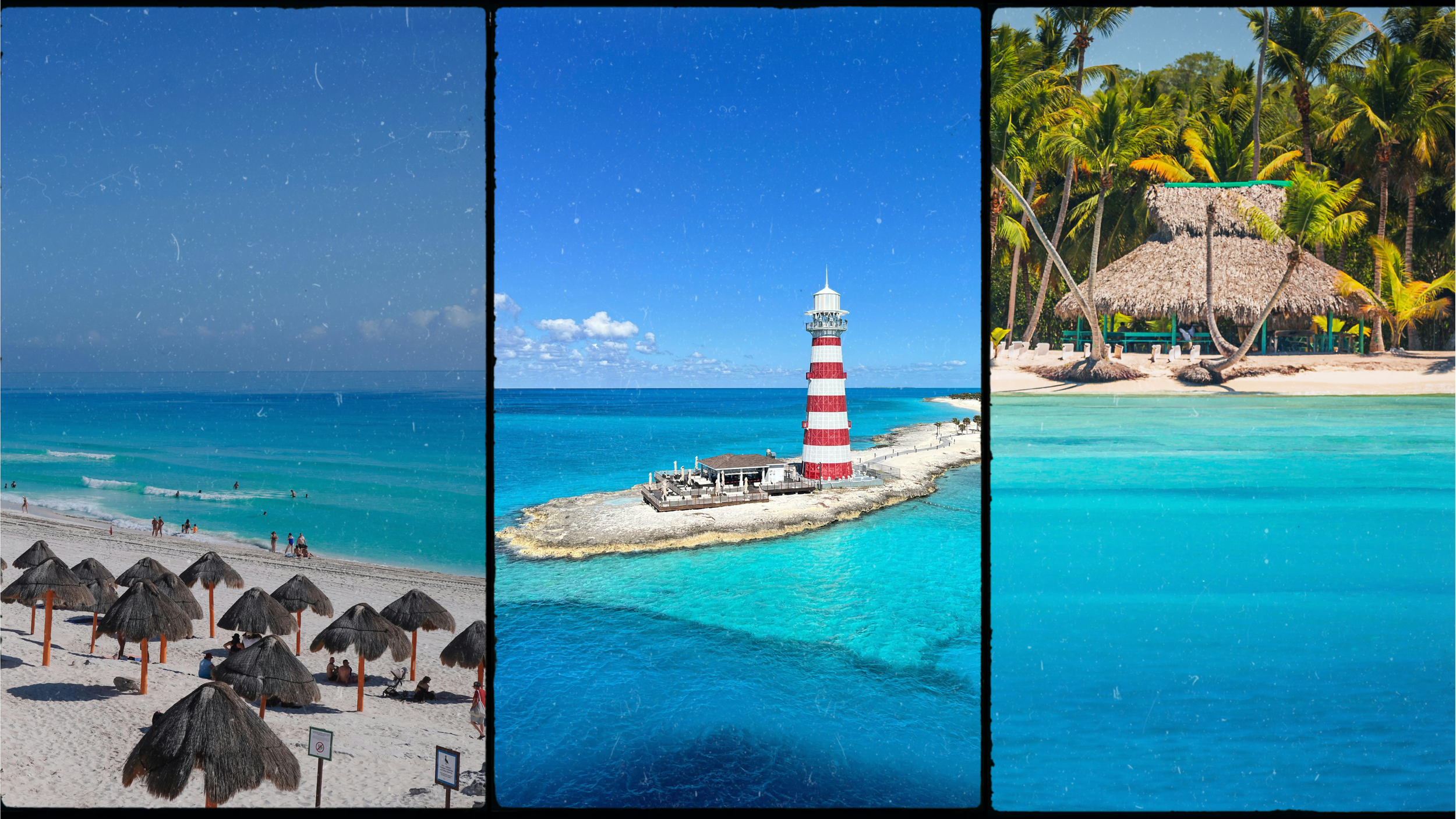 A collage of three tropical beach scenes, each featuring blue ocean water, sandy shores, and lush green palm trees, with one scene including a red and white striped lighthouse.