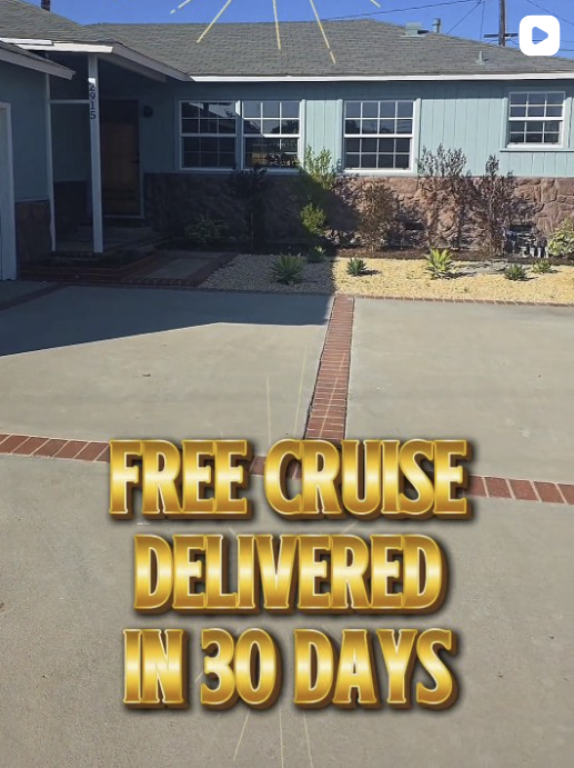 A suburban house with a front yard featuring small plants, a concrete driveway with brick borders, and a clear blue sky. Text overlay says 'Free cruise delivered in 30 days.'