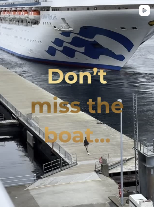 Large cruise ship docked at the port with the text 'Don't miss the boat...' overlaid on the image.