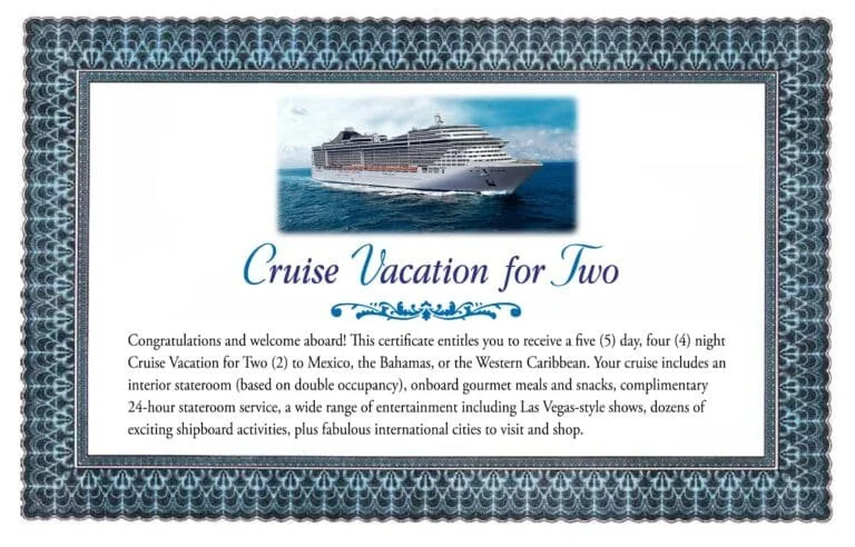 A certificate for a two-person cruise vacation with a photo of a cruise ship and decorative border.