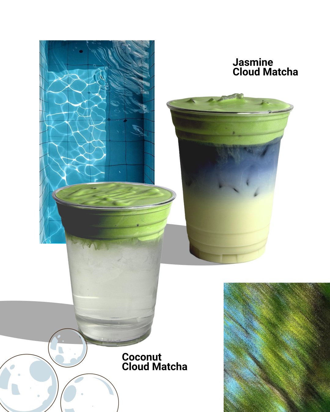 Two cups of cloud matcha drinks in front of a swimming pool, with abstract patterns and textures including bubbles, lacelike circles, and a multicolored background.
