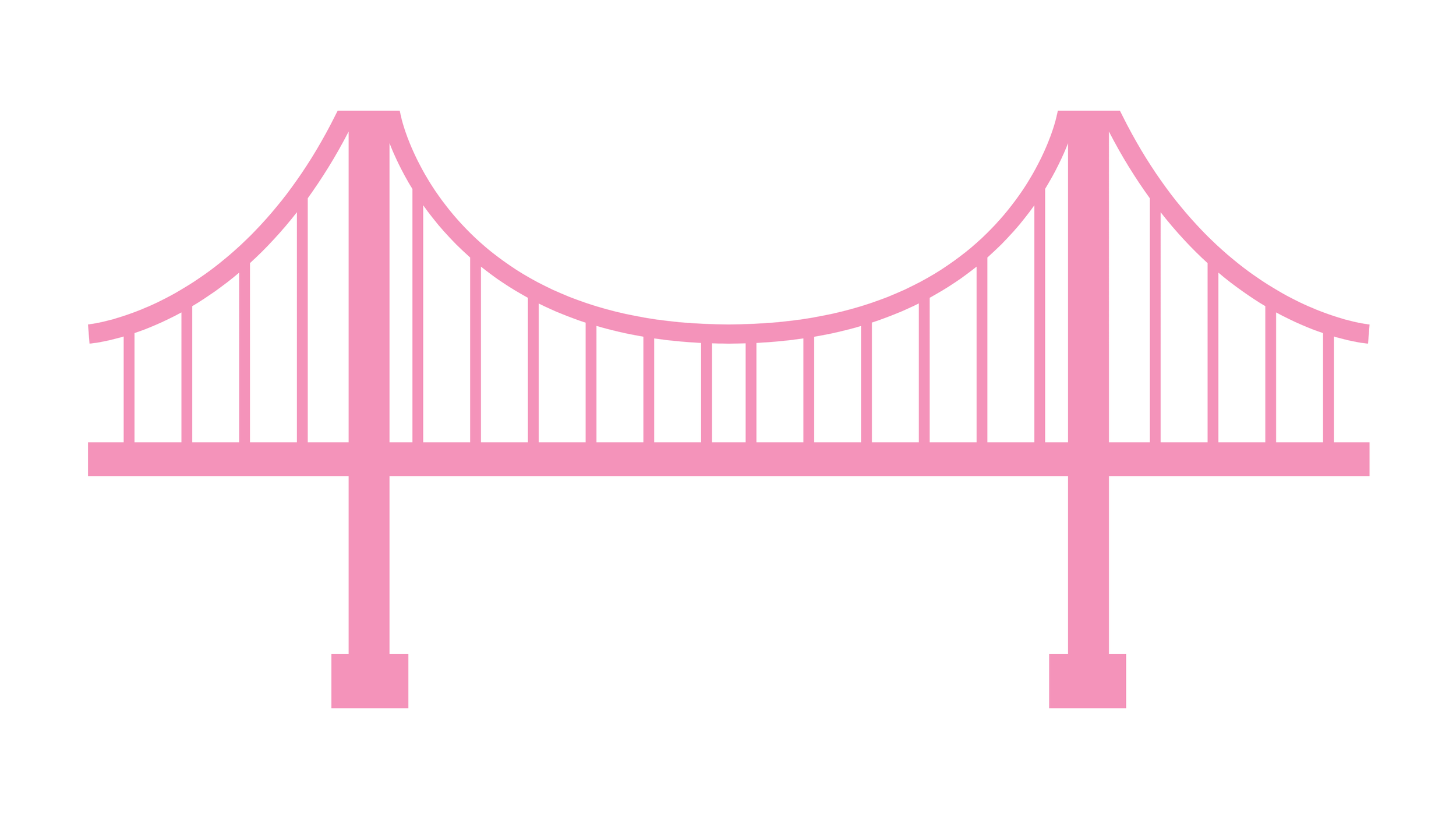 Illustration of a pink suspension bridge with cables and towers.