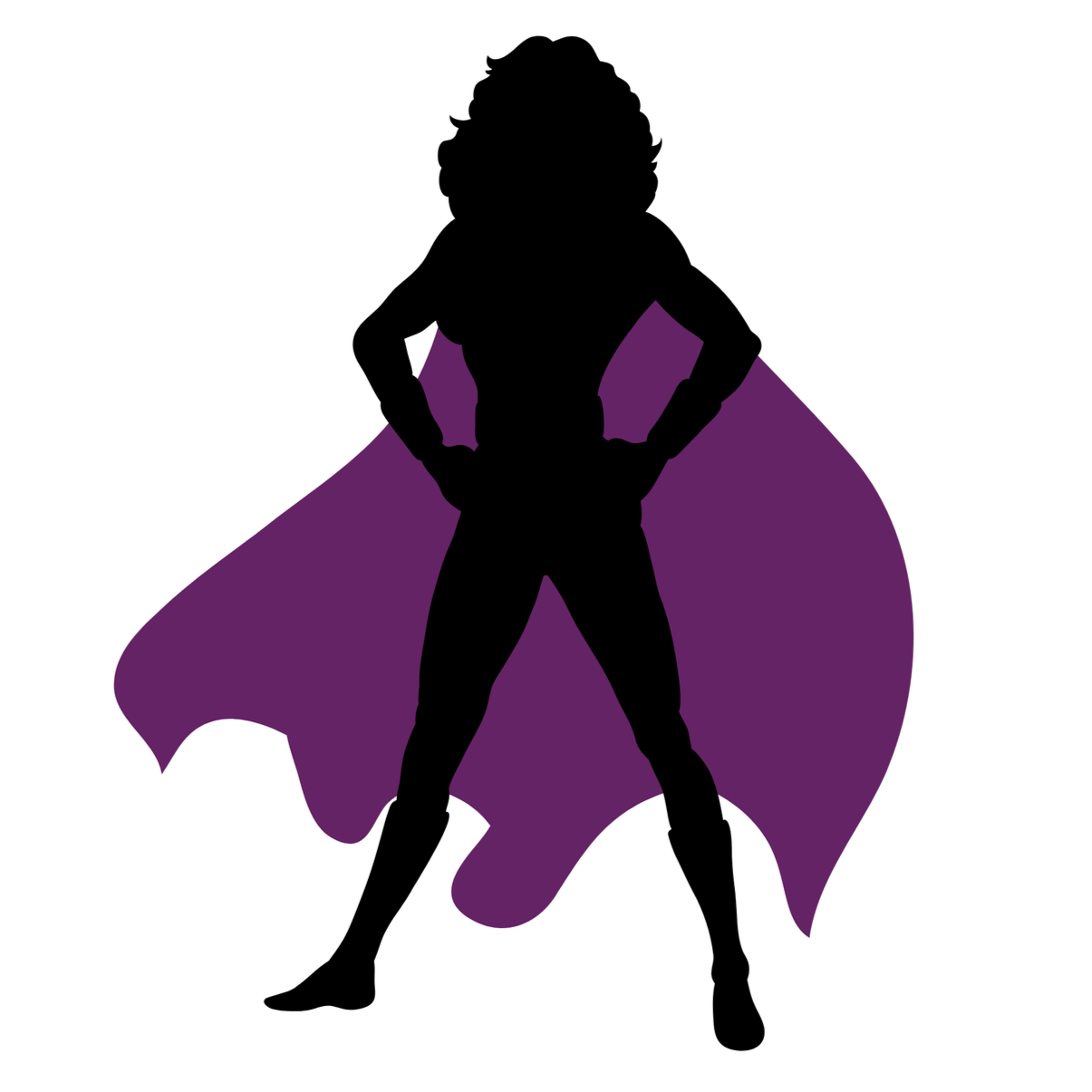 Silhouette of a woman standing with hands on hips, wearing a cape, with a purple cape flowing behind her.
