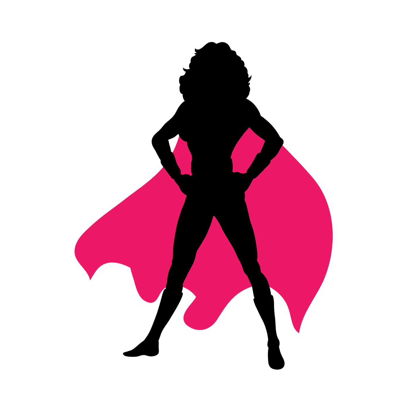 Silhouette of a woman with hands on hips, standing in front of a pink cape on a white background.
