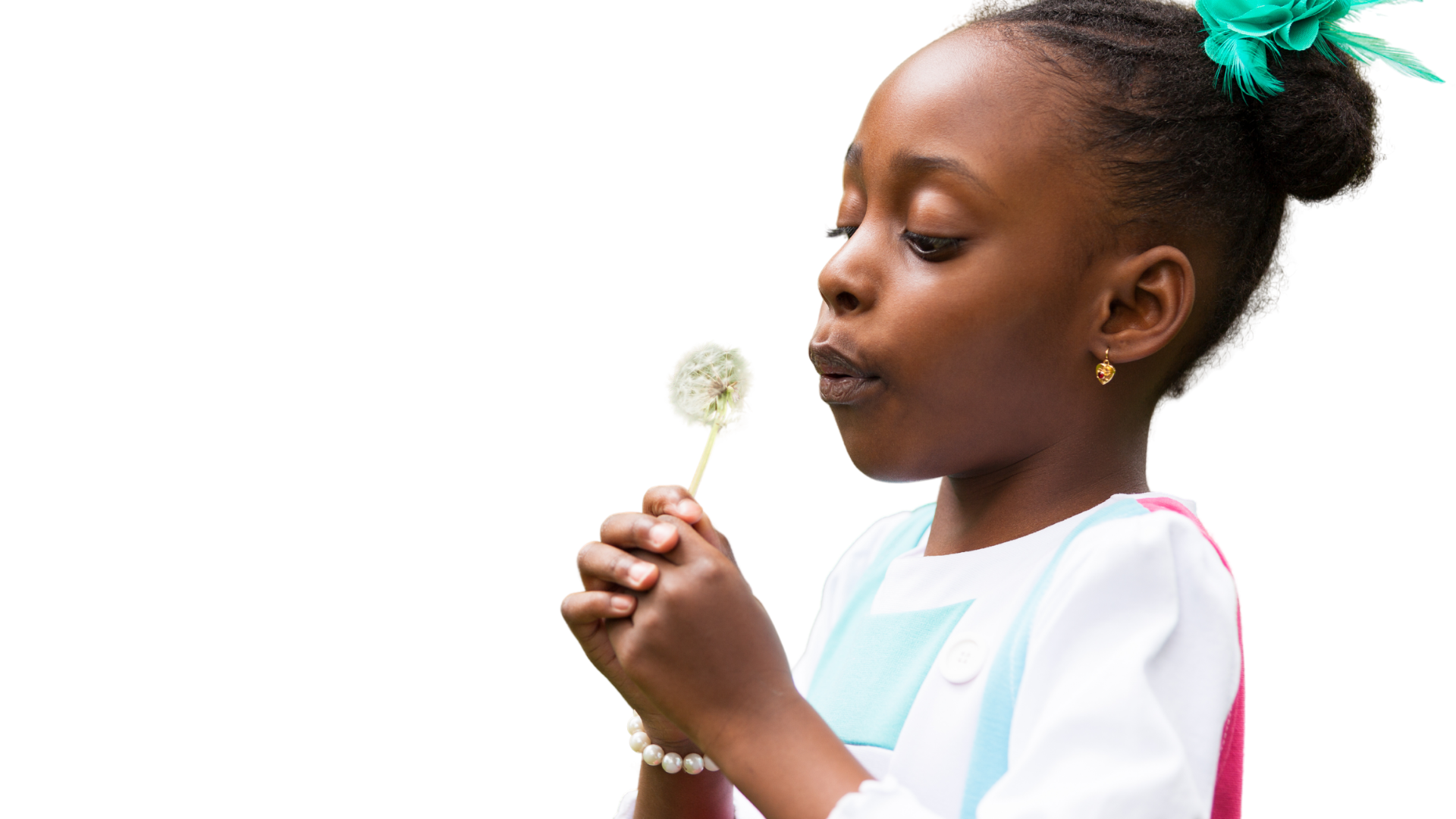 A young girl with dark skin and braided hair, wearing a white shirt with pink and blue details, holds a dandelion flower close to her face and looks at it thoughtfully against a white background.