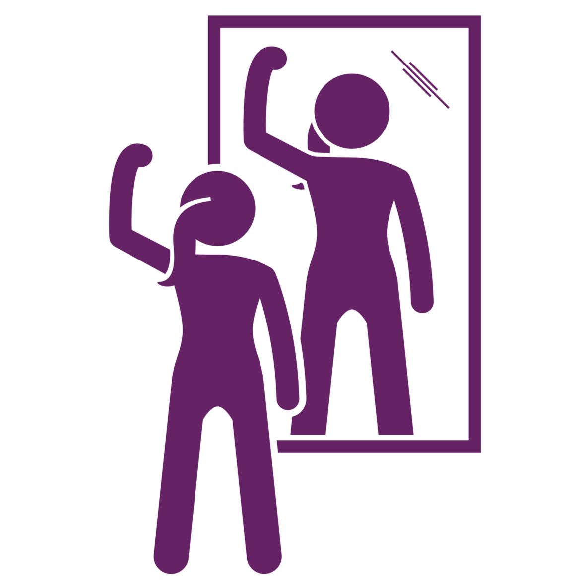 A purple silhouette of a person looking at their reflection in a mirror, with both raising one arm.