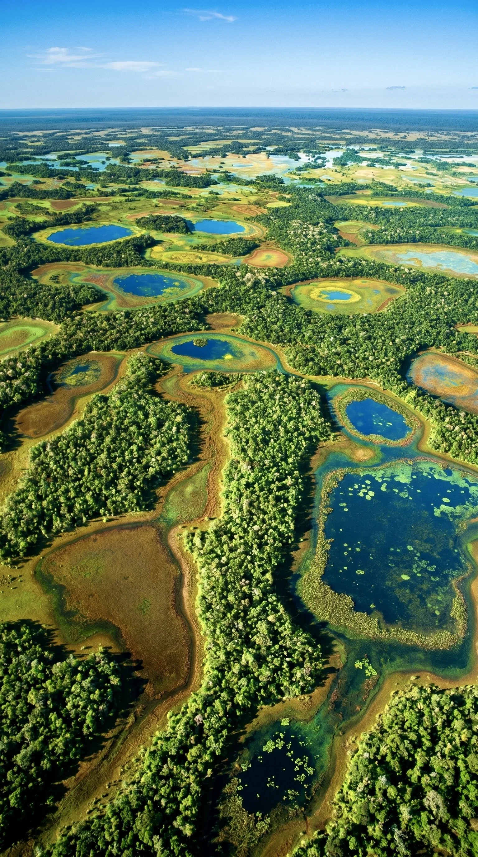 Aerial view of multiple small lakes and ponds surrounded by lush green trees and grasslands in a rural landscape.