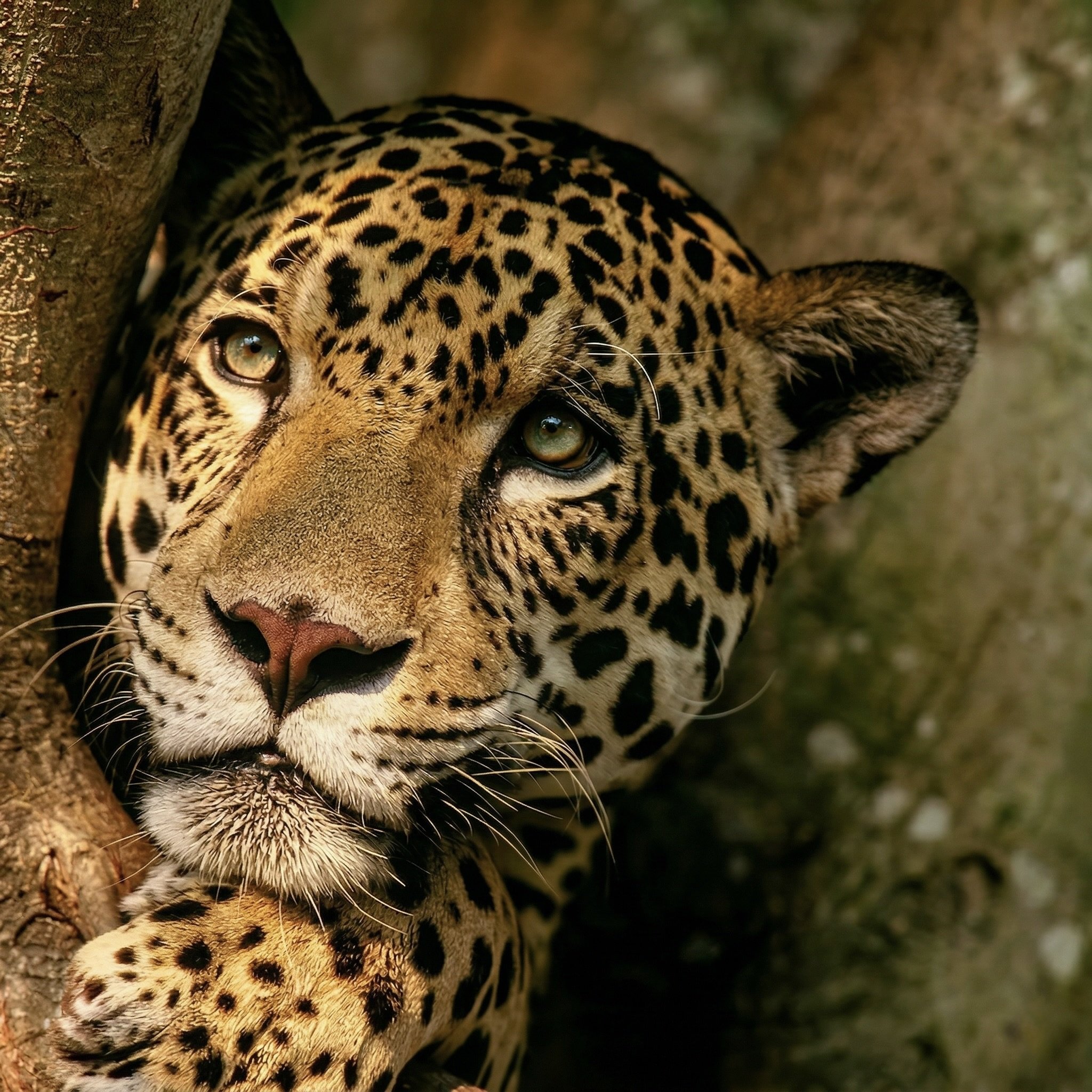 Close-up of a jaguar lying on a tree branch, showing its face and upper body with distinctive spotted fur and piercing eyes.