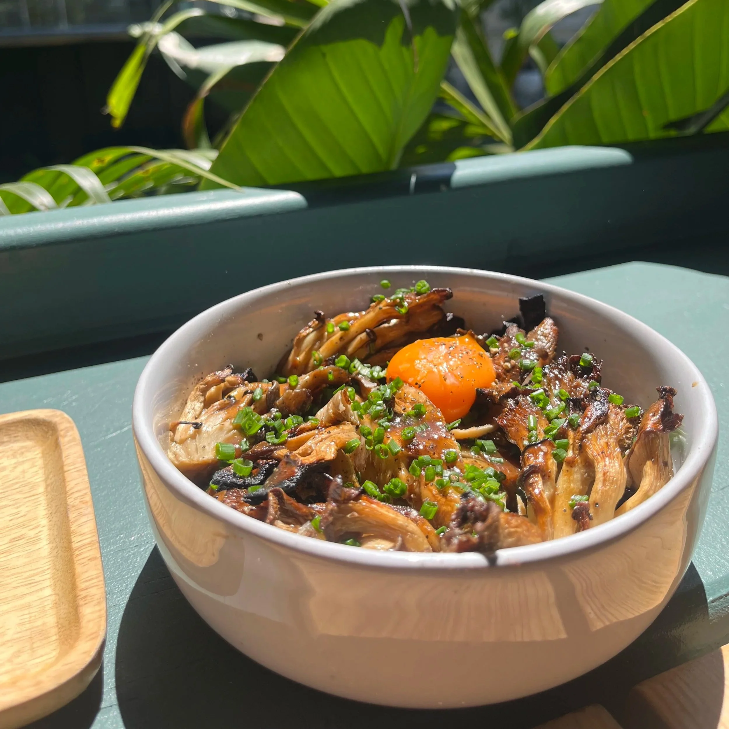 A bowl of cooked mushrooms topped with chopped green herbs and a raw egg yolk, sitting on a green table with large green leaves in the background.
